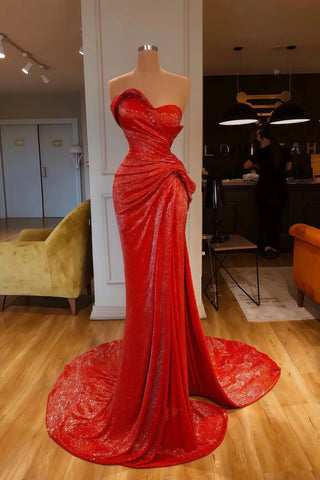 Ruched Trumpet Mermaid Red Sequin Sweetheart Prom Dress