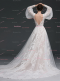 V Neck Long Sleeves Wedding Dress With Detachable Train