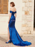 Off The Shoulder Ruched Royal Blue Trumpet Mermaid Prom Dress