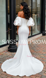 Sweetheart Trumpet Mermaid Puffy Sleeves Embroidery Satin Wedding Dress