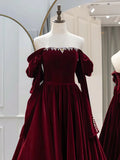 Long Sleeve Beading Ruby Red Velvet Prom Dress