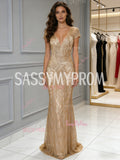 V Neck Sheath Column Gold Cap Sleeve Sequin Prom Dress