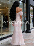 Pearls Tulle Pink Trumpet Mermaid Off The Shoulder Prom Dress