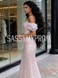 Pearls Tulle Pink Trumpet Mermaid Off The Shoulder Prom Dress