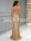 V Neck Sheath Column Gold Cap Sleeve Sequin Prom Dress