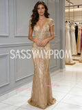 V Neck Sheath Column Gold Cap Sleeve Sequin Prom Dress