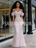 Pearls Tulle Pink Trumpet Mermaid Off The Shoulder Prom Dress
