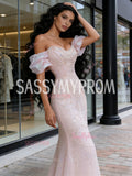 Pearls Tulle Pink Trumpet Mermaid Off The Shoulder Prom Dress