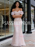 Pearls Tulle Pink Trumpet Mermaid Off The Shoulder Prom Dress