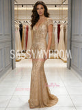 V Neck Sheath Column Gold Cap Sleeve Sequin Prom Dress