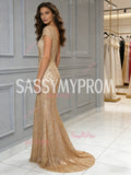 V Neck Sheath Column Gold Cap Sleeve Sequin Prom Dress