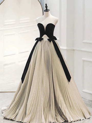 Black and Cream Pleated Ball Gown Prom Dress