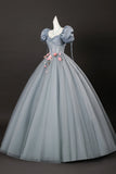 Tulle Flowers Short Sleeves A-Line Gray Prom Dress