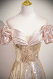 Off The Shoulder Sequins Gold Trumpet Mermaid Prom Dress