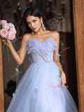 Blue Tulle Flowers Off The Shoulder A Line Prom Dress