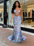 V Neck Trumpet Mermaid Straps Blue Beading Print Prom Dress