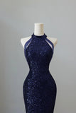 High Neck Sequin Trumpet Mermaid Navy Blue Prom Dress