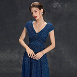 Cap Sleeve Sequin Blue Ruched V Neck Prom Dress