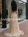 Beading Long Sleeves Tulle Champagne Trumpet Mermaid Prom Dress