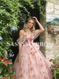 Pink Floral Off The Shoulder Tulle A Line Prom Dress