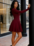 Long Sleeve Crew Neck Ribbed Knit Fit Flare A Line Dress