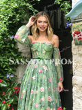 Green Off The Shoulder Floral Tulle A Line Prom Dress