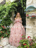 Pink Floral Off The Shoulder Tulle A Line Prom Dress