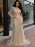 Beading Long Sleeves Tulle Champagne Trumpet Mermaid Prom Dress