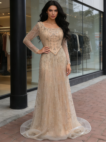 Beading Long Sleeves Tulle Champagne Trumpet Mermaid Prom Dress