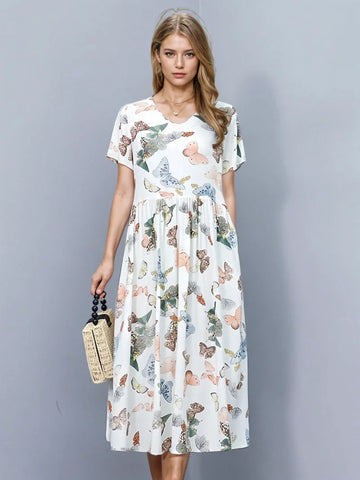 Flowing Silhouette Butterfly Print Maxi Dress