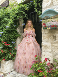 Pink Floral Off The Shoulder Tulle A Line Prom Dress