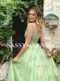 Tie Straps Tulle A Line Green Floral Prom Dress