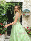 Tie Straps Tulle A Line Green Floral Prom Dress