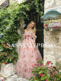 Pink Floral Off The Shoulder Tulle A Line Prom Dress