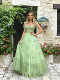 Tie Straps Tulle A Line Green Floral Prom Dress