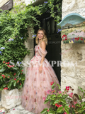 Pink Floral Off The Shoulder Tulle A Line Prom Dress