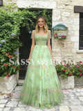 Tie Straps Tulle A Line Green Floral Prom Dress