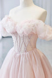 Corset A Line Ruffles Pink Tulle Off The Shoulder Prom Dress