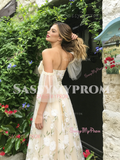 Tulle Champagne Floral Off The Shoulder Prom Dress