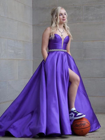 V Neck Purple Satin Slit Prom Dress with Belt