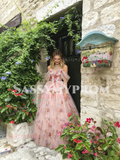 Pink Floral Off The Shoulder Tulle A Line Prom Dress