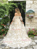 Tulle Champagne Floral Off The Shoulder Prom Dress