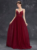 Burgundy V Neck Backless Applique Tulle Prom Dress