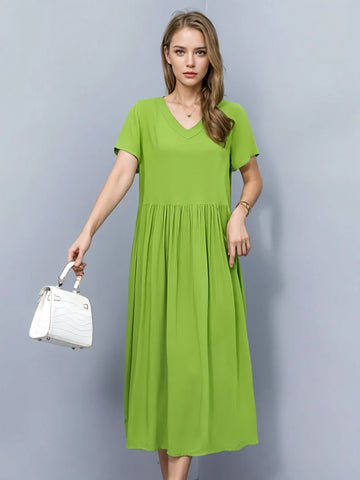 Classic V-Neckline Flowy Green Dress