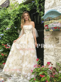 Tulle Champagne Floral Off The Shoulder Prom Dress