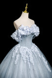 Gray Blue Tulle Flowers Ball Gown Prom Dress