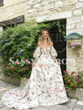 Puffy Sleeves A Line Satin Sweep Train Floral Prom Dress