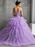 Appliques Ruffles Ball Gown Purple Tulle Prom Dress