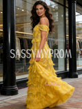 Feather Yellow A Line Off The Shoulder Sparkle Prom Dress