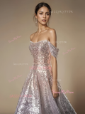 Gold & Silver A Line Off The Shoulder Sequin Prom Dress